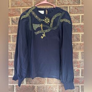 Vintage 100% Silk Anne French Embroidered Chains, Tassels, and Keys Blouse